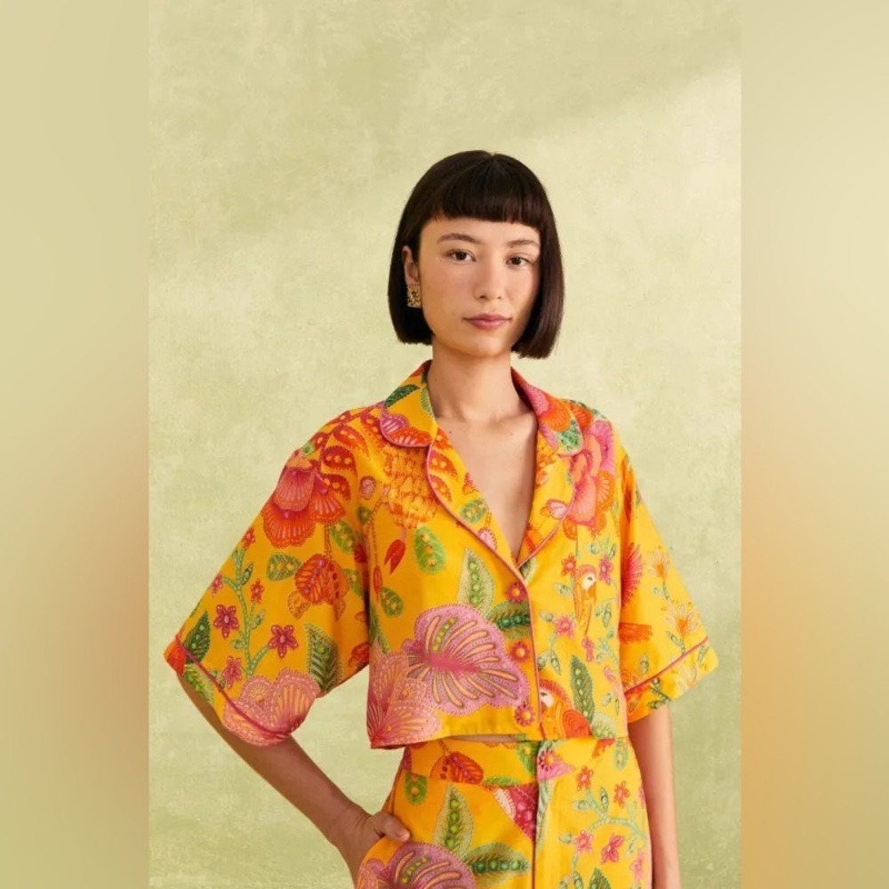 FARM RIO Macaw Bloom Crop Cotton Shirt Size Medium